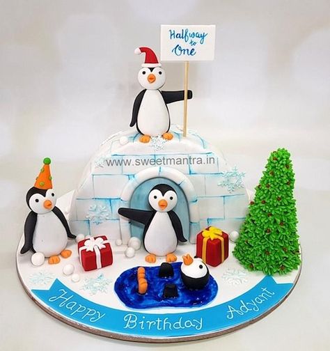 Igloo theme cake for boys half year, 6 months birthday in Pune. For my other creations, please visit my website www.sweetmantra.in Igloo Cake, Super Torte, Winter Torte, Half Birthday Cakes, Penguin Cakes, Christmas Cake Designs, Christmas Cake Decorations, Xmas Cake, Winter Cake