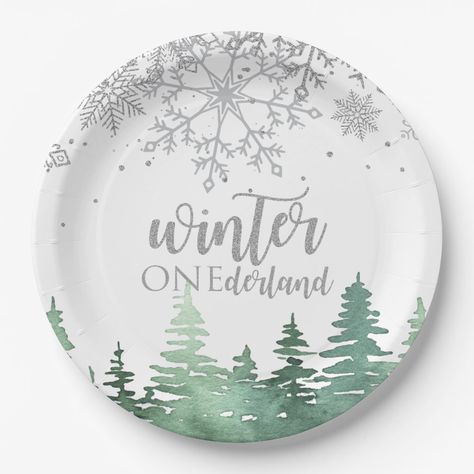 Winter Onederland Silver snowflakes and trees 8 paper plates Size: 9" Round Paper Plate. Gender: unisex. Age Group: adult. Winter Onederland Birthday Party Boy, Winter Onederland Party Boy, Mountain Birthday, First Birthday Winter, Winter Onederland Birthday Party, Birthday Party Plates, Winter Onederland Party, Onederland Birthday Party, Birthday Paper Plates