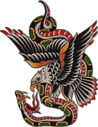 Old School Tattoos Color, Eagle Snake Tattoo Traditional, Eagle And Skull Tattoo, Snake Eagle Tattoo, Traditional Skull Tattoo Design, Traditional Crane Tattoo, Traditional Peacock Tattoo, Woman Traditional Tattoo, Eagle Snake Tattoo