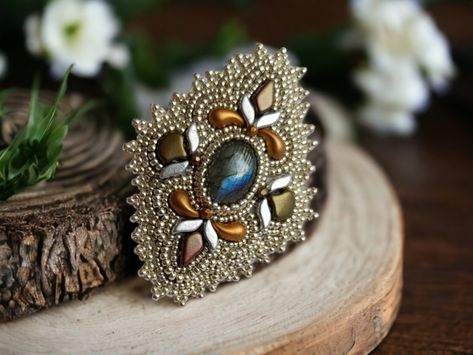 Stunning Handmade Bead Embroidered Brooch in Silver and Gold with Labradorite Accent by ZunaxDesign on Etsy Embroidered Brooch, Beaded Crafts, Shades Of Gold, Beaded Brooch, Brooches Handmade, Bead Jewellery, Embroidery Techniques, Handmade Beads, Bead Embroidery