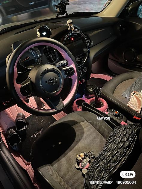 Pink Sparkly Car Interior, Nissan Interior Aesthetic, Inside Car Interior, Black And Pink Car Interior Aesthetic, Black And Silver Car Interior, Silver Car Accessories, Girly Interior Car, Kuromi Car Decor, Mini Car Accessories