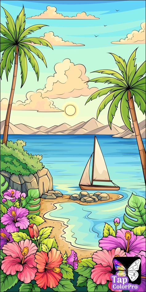 Beautiful Scenery Drawing, Hawaii Landscape, Summer Drawings, Pencil Drawing Images, Bond Paper Design, Sky Art Painting, Anime Drawing Books, Scenery Paintings, Female Art Painting