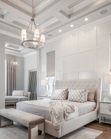 Stunning millwork on the feature wall and on the ceiling! Excellent work #cinnabardesign . . . #kitchendecor #livingroomdecor #livingroom… Transitional Bedroom Design, Transitional Bedroom, Bedroom Accent, Dekorasi Kamar Tidur, Perfect Bedroom, Modern Bedroom Design, Master Bedrooms Decor, Awesome Bedrooms, Contemporary Bedroom