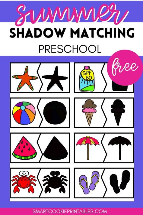 Summer Shadow Matching Puzzles for toddlers and preschoolers Shadow Matching Free Printable, Summer Preschool Themes, Summer Puzzle, Puzzle Printable, Ocean Theme Preschool, Shadow Matching, Fun Worksheets For Kids, Fun Educational Activities, Free Preschool Printables