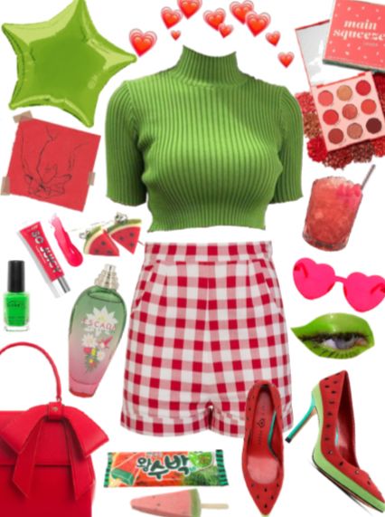 Watermelon Outfit Aesthetic, Watermelon Inspired Outfit, Fruitcore Outfits, Lovecore Outfit Aesthetic, Fruit Inspired Outfit, Lovecore Aesthetic Outfit, Fruit Outfits, Juicy Outfit, Watermelon Outfit