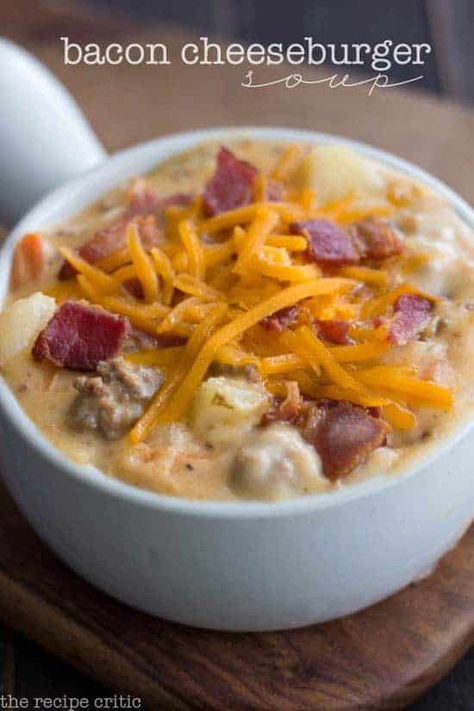 Cheeseburger Soup The Recipe Critic, Cheese Burger Soup, Burger Soup, Slow Cooker Bacon, Bacon Cheeseburger Soup, Cheese Burger Soup Recipes, Spicy Fried Chicken, Cheeseburger Recipe, The Recipe Critic