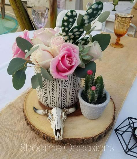 Desert Theme Centerpiece, Western Boho Party Decor, Western Boho Birthday Party, Cactus Baby Shower Ideas Girl, Western Chic Baby Shower Ideas, Boho Cow Baby Shower Theme, Boho Rodeo Party, Longhorn Baby Shower Ideas, Western Theme Baby Shower Ideas Girl