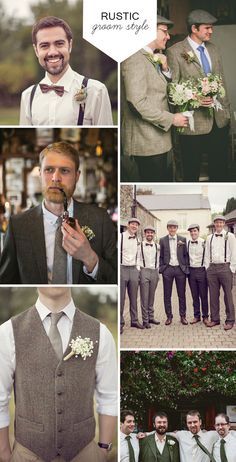 Again, suspenders or vest idea. Don't know what Joel thinks of bowties, but that might add an interesting bit of flair. :o) Groom Attire Rustic, Rustic Groom, Vintage Groom, Groom Looks, Wedding Groomsmen, Bridesmaids And Groomsmen, Groom Outfit, Groom Attire, Groom Style