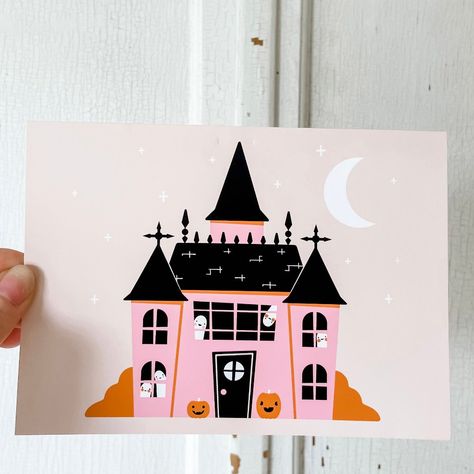 5 X 7 Inch. Haunted House Cards, Pink Orange Halloween, Retro Halloween Decor, Clay Trays, Spooky Haunted House, Haunted House Halloween, Retro Painting, Halloween Goth, Wonderful Wednesday