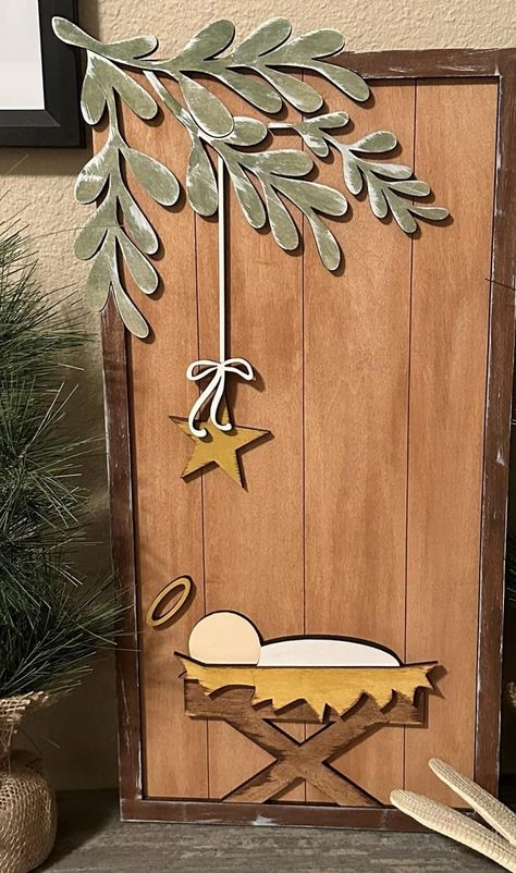 Wood Manger Diy, Diy Wooden Manger, Wood Manger Nativity, Outdoor Christian Christmas Decorations, Nativity Scene Door Decorating, Parking Meter Christmas Decorations, Wooden Manger Nativity Diy, Indoor Nativity Scene Ideas, Wooden Nativity Diy