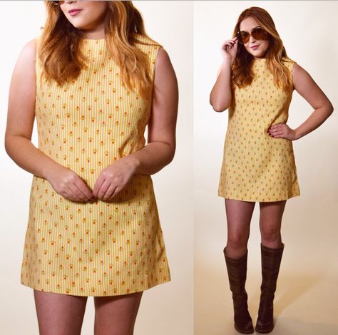 1960s mod authentic vintage yellow/gold pin stripe sleeveless micro mini dress with orange flowers women's size small 70s Mini Dress Vintage, 70’s Mini Dress, 50s Mini Dress, 60s Summer Dress, 60s Mini Dress Outfit, 60s Dresses Vintage, Ethereal Clothes, 60s Inspired Dress, Sixties Mini Dress