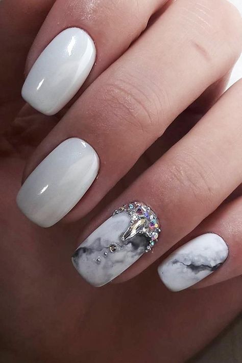 30 Perfect Bridal Nails Art Designs ❤ bridal nails white marble with rhinestones elina nails art via instagram #weddingforward #wedding #bride #bridalnails #weddingnails Bridal Nails Art, Bridal Nails Designs, Natural Gel Nails, Nails Opi, Bridal Nail Art, Short Gel Nails, Square Nail Designs, Short Square Nails, Glamorous Nails