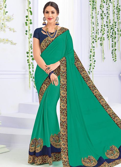 Buy Green Embroidered Saree online, SKU Code: SASBHLOR31507. This Green color Wedding sari for Women comes with Embroidered Faux Georgette. Shop Now! Green Contrast Blouse, Pure Georgette Sarees, Sea Green Color, Latest Indian Saree, Party Wear Saree, Desi Style, Buy Sarees Online, Green Saree, Casual Saree