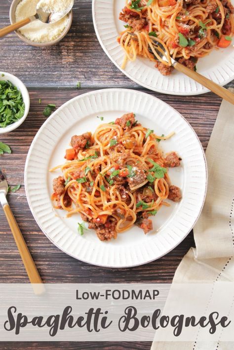 Low-FODMAP Spaghetti Bolognese - Delicious as it Looks Low Fodmap Spaghetti, Garlic Infused Oil, Chicken Bolognese, Fodmap Dinner, Low Fodmap Meals, Low Fodmap Recipes Dinner, Fodmap Recipes Dinner, Fod Map, Low Fodmap Diet Recipes