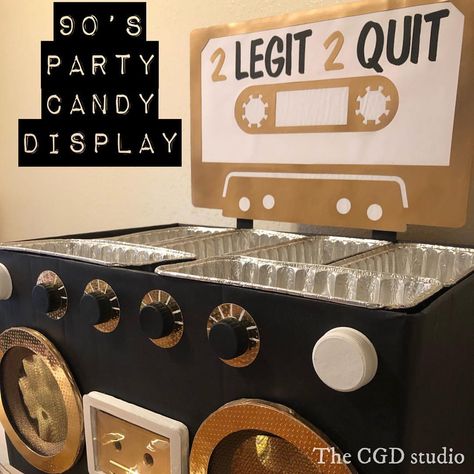 Boom box candy display for a 90s themed party: 2 legit 2 quit  (Two Legit To Quit) #90sthemeparty #90spartydecor  #boombox #90scenterpiece #cardboardboombox #90s #90sparty #oldschool Orange Vbs, 90s Theme Party Decorations, 90s Themed Party, Cupcake Centerpieces, Hip Hop Birthday Party, 90s Party Ideas, 80s Birthday, 80s Party Decorations, 80s Birthday Parties