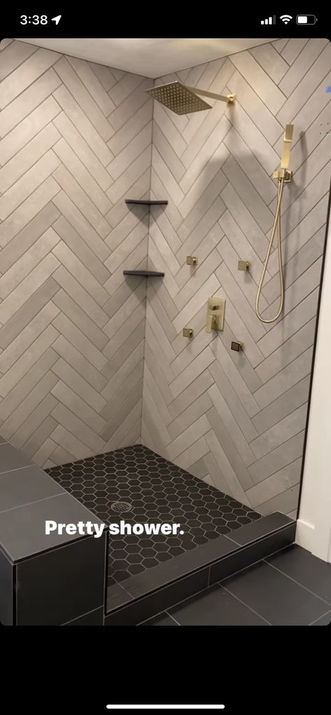 Master Shower Accent Tile Ideas, Small Bathroom Rain Shower Ideas, Double Shower Design Ideas, Master Bath Shower Fixtures, Shower Remodel Dark Tile, Master Shower Faucet Ideas, Modern Rustic Bathroom Ideas Master Bath Shower Tiles, Bathroom Tile Ideas Shower Walk In, Industrial Master Bath