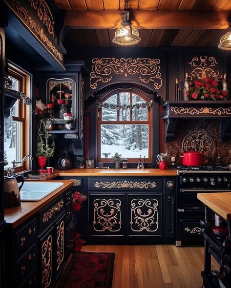 Tour through a Winter Rosemaling Cabin with a Grillhytte and Sauna 🏡❄️🌹🌲✨️ 🏠follow us at @tinyhouseperfect 🏠 🏠follow us at… | Instagram Modern Kitchen Apartment, Kitchen Backsplash Ideas With Dark Cabinets, Dark Brown Cabinets Kitchen, Dark Cabinets Light Countertops, Dark Cabinets White Countertops, Gothic Kitchen, Unique Kitchen Backsplash, Scandinavian Style Home, Kitchen Ideas Dark Cabinets