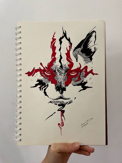 Black And Red Pen Drawing, Red Pen Sketch, Red Pen Drawings, Cat Tattoo Idea, Black Pen Sketches, Black Pen Drawing, Drawing Details, Animal Makeup, Pen Tattoo