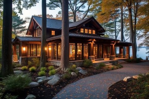 lake house design hardwood, detailed woodworking, lakeside woodland Lake House Design, Lovely Houses, Cabin Designs, Lake Houses Exterior, Cottage Exterior, Lake House Plans, Life Board, House Exteriors, River House