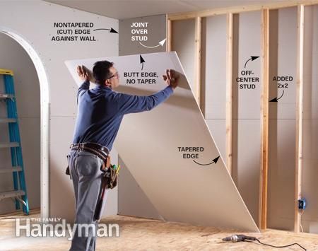 Hang drywall vertically to avoid butt joints - first board will need to be cut to ensure each following board ends on the center of a stud. If a stud is missed just add another 2x4 to expand the space for fasteners Hanging Drywall, Drywall Finishing, Drywall Tape, Framing Construction, Drywall Installation, The Family Handyman, Drywall Repair, Diy Accent Wall, Casa Container