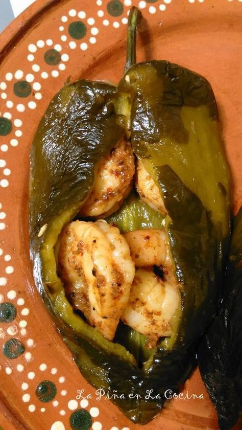 Shrimp Stuffed Poblano Pepper Recipes, Borson Cheese, Shrimp Stuffed Poblano Peppers, Poblano Recipes, Mexican Fish, Mexican Recipies, Rellenos Recipe, Stuffed Poblanos, Poblano Peppers Recipes