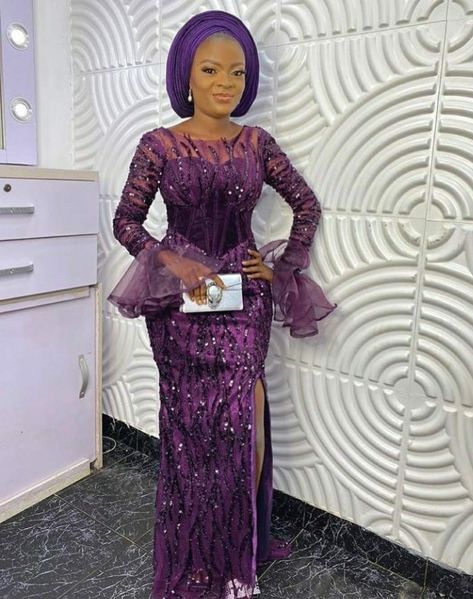 Gown Styles For Lace Material, A Shape Gown Lace Aso Ebi, Kente Dresses, Owambe Styles, Nigerian Lace Dress, Asoebi Style, Aso Ebi Lace Styles, Lace Long Gown, Stylish Naija