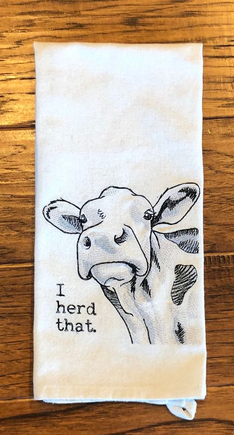 Embroidered tea towel kitchen towelI Herd That cow lover | Etsy Machine Embroidery Ideas, Tea Towel Display, Dish Towel Embroidery, Farm Kitchen Decor, Towel Display, Cow Kitchen, Heifer Cow, Kitchen Herbs, Cow Decor