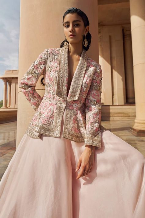 Buy Pankaj & Nidhi Pink Tulle Zora Floral Hand Embellished Jacket With Sharara Online | Aza Fashions Nikkah Inspiration, Jacket With Sharara, Sharara For Women, Pankaj And Nidhi, Indian Outfits Modern, Indian Bridesmaid Dresses, Crystal Work, Advertising Ideas, Pakistani Wedding Outfits