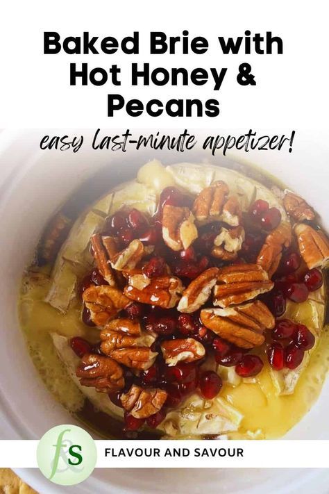 Upgrade your appetizer lineup with this simple recipe for Baked Brie with hot honey and pecans! It features creamy melted Brie cheese, pomegranate arils, pecans, and a generous drizzle of golden hot honey. Serve with crackers, baguette slices, or sliced pears or apples for an easy and delicious crowd-pleasing starter. Brie With Honey And Pecans, Hot Honey Appetizer Recipes, Baked Brie Honey, Honey Appetizers, Honey Brie, Easy Baked Brie, Melted Brie, Pecan Baked Brie, Last Minute Appetizer