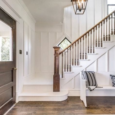 13 decorative moulding ideas that add architectural interest Board And Batten Stairwell, Staircase Remodel, Staircase Wall, Staircase Makeover, Stair Case, Wood Siding, Wall Molding, Board And Batten, House Stairs