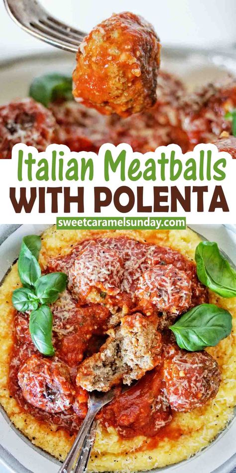 Meatballs And Polenta, Meatballs With Polenta, Baked Polenta Recipes, Italian Polenta, Cheesy Polenta, Savory Meatballs, Meatball Dinner, Polenta Recipes, Recipes Italian