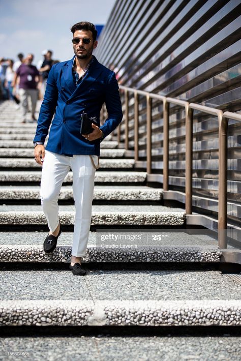 News Photo : A guest, wearing a blue blazer, white pants and... Blazer White, Engagement Dresses, Big Guy, Black Loafers, White Blazer, Florence Italy, White Pants, Men's Blazer, Florence