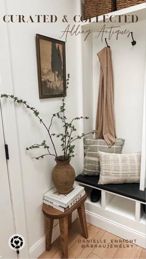 Mudroom Design | Entryway Decor | Entryway design | Home decor Interior Design Entryway, Plaid Pillows, Stool Storage, Entryway Style, Rustic Stools, Mudroom Decor, Earthy Hues, Modern Rustic Decor, Entryway Mudroom