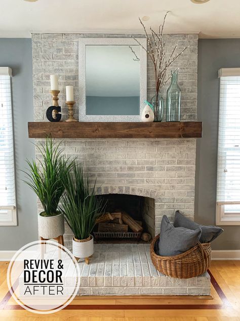 Rustic Fireplace Mantels Decorations, White Brick Fireplace Decor, Chimney Remodel, Brick Fireplace Mantles, Fireplace Hearth Decor, Brick Fireplace Decor, Whitewash Brick, White Wash Brick Fireplace, Chimney Decor