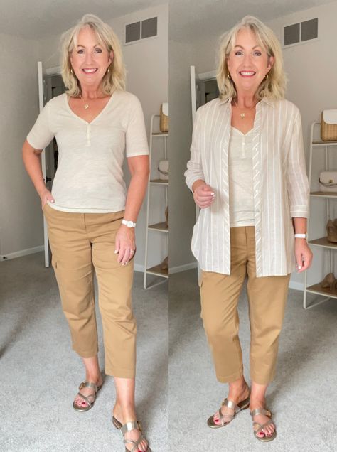 5+ Summer Outfits with Cargo Crop Chinos - Dressed for My Day Beige Chinos Women Outfit, Chino Pants Women Outfit, Utility Pants Outfit, Khaki Pants Outfit, Dressed For My Day, Capri Outfits, Chino Pants Women, My Mirror, Cropped Chinos