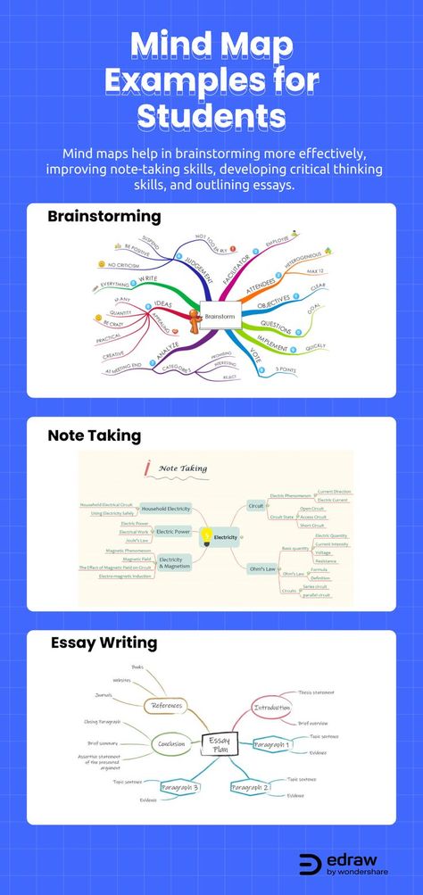 Mind maps are a great tool that is used for enhancing the learning experience of students. It helps in brainstorming more effectively, improving note-taking skills, developing critical thinking skills, and outlining essays. Various free education mind map templates are created in advance. Personalize, print and post your own education mind maps online through EdrawMind. Mind Map Examples Student, Mind Map Online, Mind Map Examples, Learn Economics, Mind Map Free, Essay Plan, Mind Map Template, Mind Map Design, Writing Editing