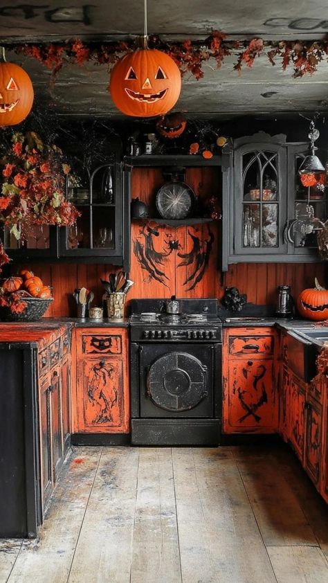 Transform your kitchen into a witch's cottage with these enchanting Halloween decor ideas. Hang bundles of dried herbs and create a display of old spellbooks on open shelving. Use cauldron-shaped planters for kitchen herbs and display broomsticks made from natural materials. Incorporate celestial elements like moon phase garlands and star-shaped string lights. Add whimsical touches with a black cat clock and witch hat-shaped canisters. These magical Halloween kitchen decor ideas create an immers Pumpkin Carving Tips, Witch's Cottage, Halloween Kitchen Decor, Magical Halloween, Celestial Elements, Brew Bar, Witch Cottage, Halloween Decor Ideas, Cat Clock