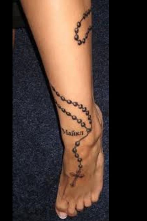 Rosary Rosary Ankle Tattoos, Rosary Tattoo On Hand, Rosary Bead Tattoo, Cute Foot Tattoos, Small Foot Tattoos, Tattoo Son, Rosary Tattoo, Tattoo Foot, Cross Tattoos For Women