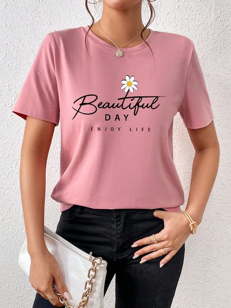 Dusty Pink Casual Collar Short Sleeve Knitted Fabric Floral,Slogan  Embellished Slight Stretch  Women Clothing Women Tshirt Design, Slogan Graphic Tee, Jeans Outfit Women, Girls Prints, Women T Shirts, Girls Tees, Floral Shirt, Vintage Shirts, Girls Tshirts