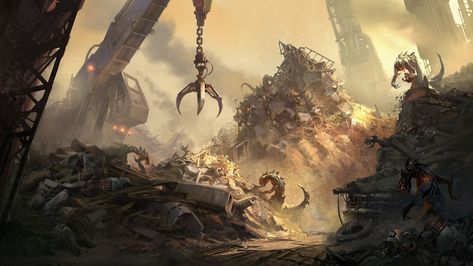 Sci Fi Junkyard, Scrapyard Concept Art, Junkyard Illustration, Junkyard Concept Art, Junkyard Background, Wasteland Environment, Raxus Prime, Junkyard Robot, Junkyard Aesthetic