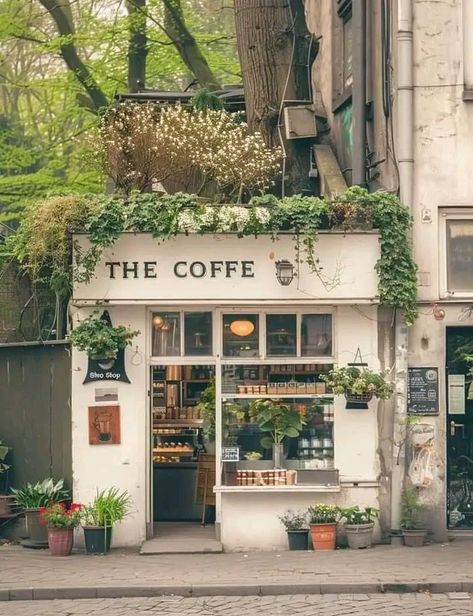 Aesthetic Cafe Building, Quaint Coffee Shops, Small Book Cafe Ideas, Floral Coffee Shop Aesthetic, Corner Cafe Exterior, Feminine Coffee Shop, Fairytale Coffee Shop, Bakery Coffee Shop Ideas, Books And Coffee Shop