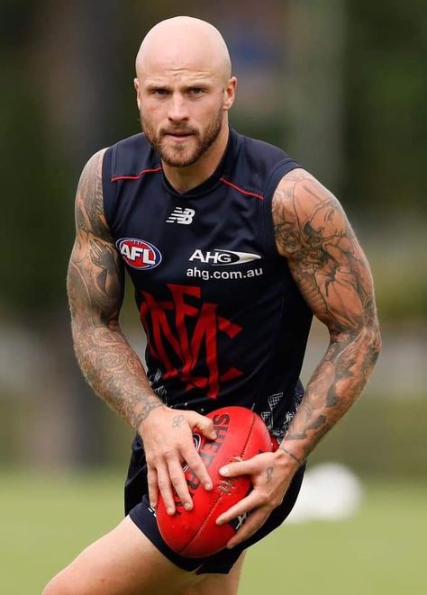 Bald Beard, English Lads, Melbourne Demons, Nathan Jones, Sporty Outfits Men, Bald Men With Beards, S Tattoos, Bald Men Style, Western Bulldogs