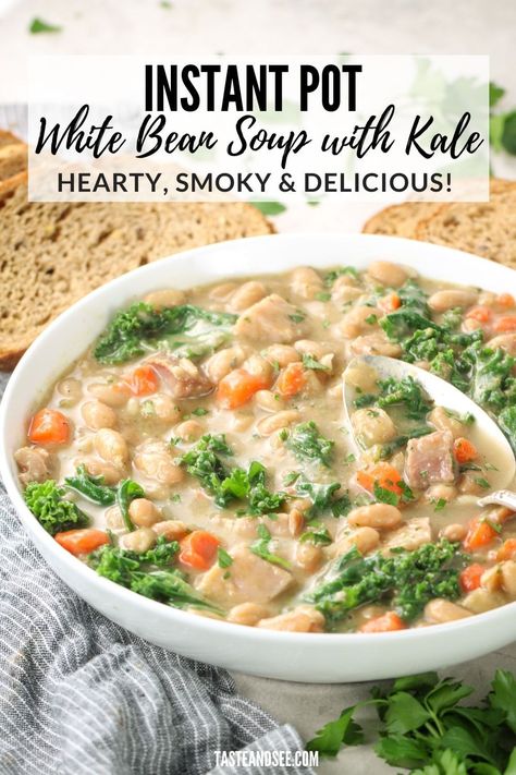 Instant Pot White Bean Soup with Kale – a hearty, smoky and delicious bean soup recipe that cooks up in a fraction of the time! #TastesAndSee White Bean Kale Soup Instant Pot, Instant Pot White Bean Soup, White Bean Soup With Kale, Bean Soup With Kale, White Beans And Ham, Soup With Kale, Warm Soup Recipes, Bean Soup Recipe, Vegetarian Soup Recipes