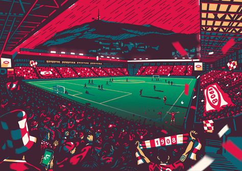 Home of Football on Behance Football Stadium Drawing, Stadium Illustration, Graphic Design Landscape, Graphic Design Sports, Stadium Art, Football Illustration, Illustration Studio, Sports Poster, Sport Illustration