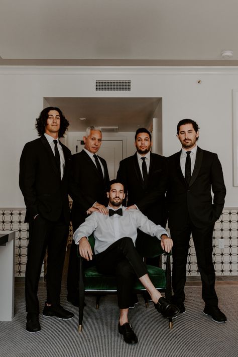 These groomsmen looked classy in black suits + ties at this Cali wedding | Image by Katie Ruther Photography Villa And Vine, Hollywood Inspired Wedding, Hollywood Vibes, Groom Prep, Groomsmen Tuxedos, Groomsmen Looks, Old Hollywood Wedding, Elegant Wedding Inspiration, Be My Groomsman