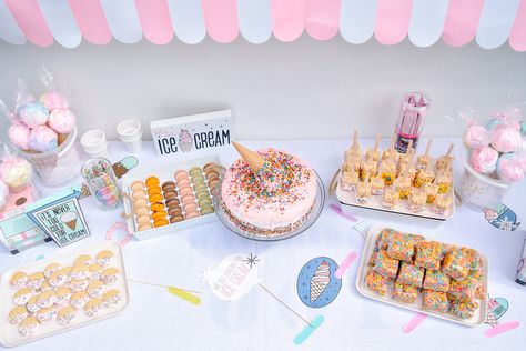 Ice Cream Party Dessert Table, Ice Cream Themed Birthday Party, Ice Cream Themed Birthday, Birthday Party Dessert Table, Ice Cream Birthday Party Theme, Ice Cream Party Theme, Cream Birthday Party, Party Cake Table, Dessert Table Birthday