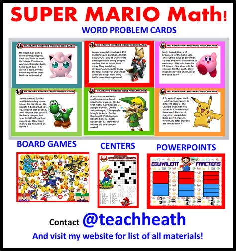 Super Mario Math! engage, excite, motivate with these FREE materials! Visit my website for more! MORE Quick, EASY, FUN tips, ideas, materials to enhance student engagement more materials found on my website: https://sites.google.com/site/teachermrheath/home/mr-heath-s-blog-page Mario Classroom, Mario Day, Map Activities, Boys And Girls Club, Numeracy, Education Ideas, More More, Study Unit, Student Engagement