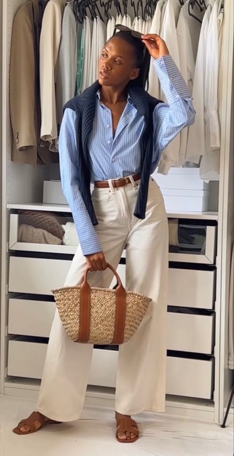 Blue Striped Shirt Outfit Fall, Blue White Striped Blouse Outfit, Blue Shirt White Pants Outfit Woman, Blue And Khaki Outfits For Women, Stripy Shirt Outfit Women, White Pant Work Outfit, Blue And White Blouse Outfit, Baby Blue And Brown Outfit, Blue And White Striped Shirt Outfit Women