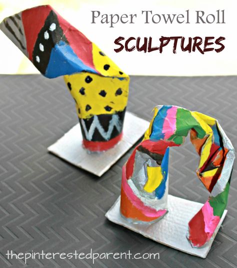 Paper towel roll sculptures. Twist bend and fold cardboard tubes to make simple structures and paint. Arts and crafts for kids. Paper Towel Crafts, Classe D'art, Sculpture Lessons, Recycled Art Projects, Sculpture Projects, Easy Art Projects, Art And Craft Videos, Elementary Art Projects, Art Lessons Elementary