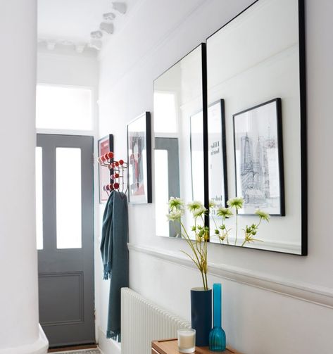 Hall mirror ideas – ways to add light and interest to hallways of all sizes Hallway Mirror Decor, Narrow Hallway Wall Decor, Hallway Colour Schemes, Modern Mirror Design, Hall Mirror, White Hallway, Victorian Hallway, Hallway Colours, Hall Mirrors